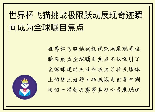 世界杯飞猫挑战极限跃动展现奇迹瞬间成为全球瞩目焦点
