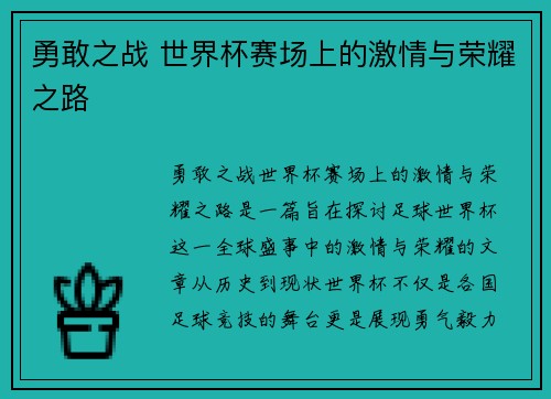 勇敢之战 世界杯赛场上的激情与荣耀之路
