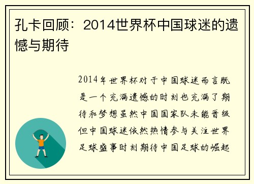 孔卡回顾：2014世界杯中国球迷的遗憾与期待